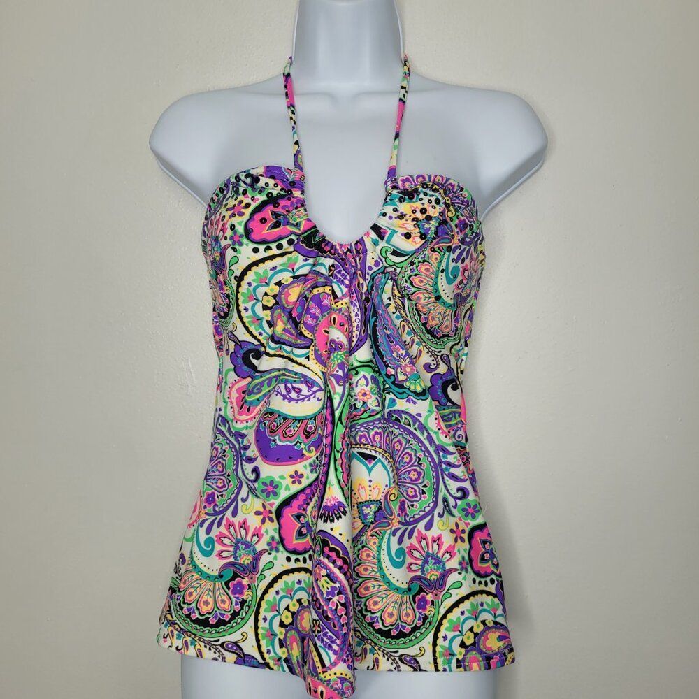 Y2k Candies white neon paisley print party bimbocore halter tie tankini top med